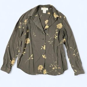 90s Brown Floral Silk Blouse Medium Button Down Rachel Green Lorelai Gilmore Top